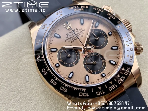 Rolex Daytona 116515 RG Clean Factory 1:1 Best Edition Black Ceramic Bezel RG Dial Black/White Stick on Oysterflex Rubber Strap A4130 V2 - Super Clone Watch | 1:1 Best Version