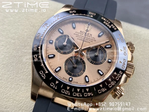 Rolex Daytona 116515 RG Clean Factory 1:1 Best Edition Black Ceramic Bezel RG Dial Black/White Stick on Oysterflex Rubber Strap A4130 V2 - Super Clone Watch | 1:1 Best Version