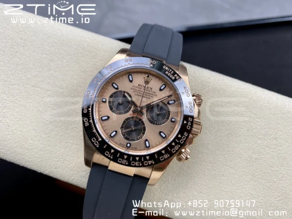 Rolex Daytona 116515 RG Clean Factory 1:1 Best Edition Black Ceramic Bezel RG Dial Black/White Stick on Oysterflex Rubber Strap A4130 V2 - Super Clone Watch | 1:1 Best Version