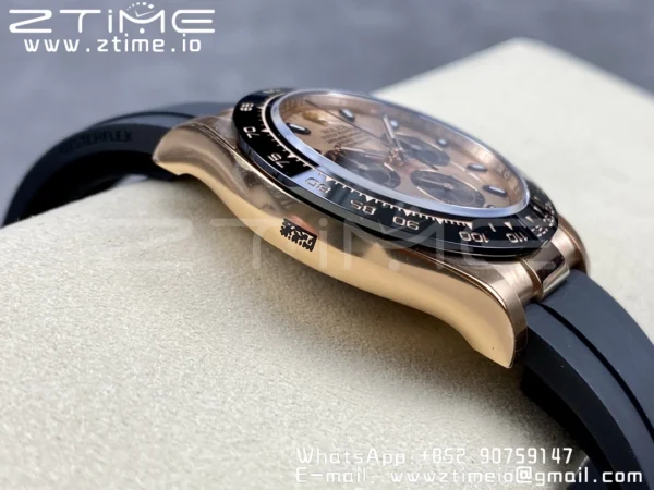Rolex Daytona 116515 RG Clean Factory 1:1 Best Edition Black Ceramic Bezel RG Dial Black/White Stick on Oysterflex Rubber Strap A4130 V2 - Super Clone Watch | 1:1 Best Version