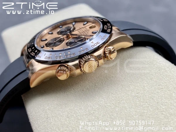 Rolex Daytona 116515 RG Clean Factory 1:1 Best Edition Black Ceramic Bezel RG Dial Black/White Stick on Oysterflex Rubber Strap A4130 V2 - Super Clone Watch | 1:1 Best Version
