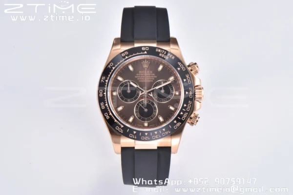 Rolex Daytona 116515 RG Clean Factory 1:1 Best Edition Black Ceramic Bezel Brown Stick Dial on Oysterflex Rubber Strap A4130 V2 - Super Clone Watch | 1:1 Best Version