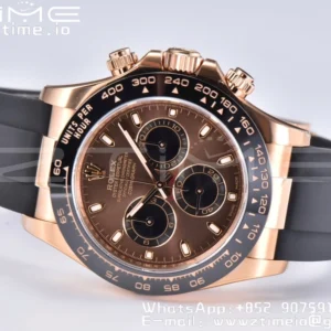 Rolex Daytona 116515 RG Clean Factory 1:1 Best Edition Black Ceramic Bezel Brown Stick Dial on Oysterflex Rubber Strap A4130 V2 - Super Clone Watch | 1:1 Best Version