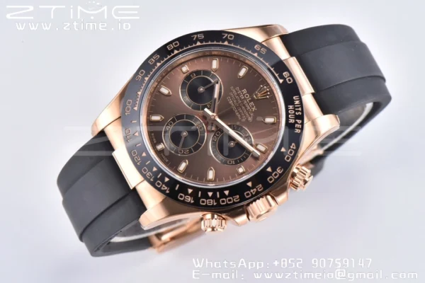 Rolex Daytona 116515 RG Clean Factory 1:1 Best Edition Black Ceramic Bezel Brown Stick Dial on Oysterflex Rubber Strap A4130 V2 - Super Clone Watch | 1:1 Best Version