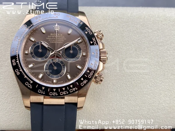 Rolex Daytona 116515 RG Clean Factory 1:1 Best Edition Black Ceramic Bezel Brown Stick Dial on Oysterflex Rubber Strap A4130 V2 - Super Clone Watch | 1:1 Best Version