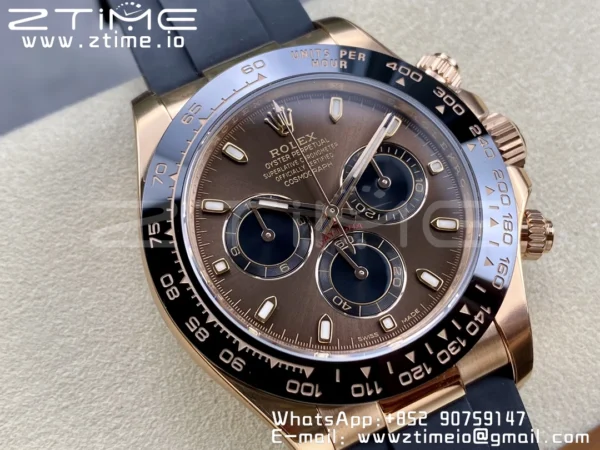 Rolex Daytona 116515 RG Clean Factory 1:1 Best Edition Black Ceramic Bezel Brown Stick Dial on Oysterflex Rubber Strap A4130 V2 - Super Clone Watch | 1:1 Best Version