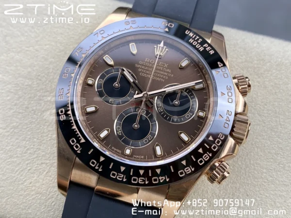 Rolex Daytona 116515 RG Clean Factory 1:1 Best Edition Black Ceramic Bezel Brown Stick Dial on Oysterflex Rubber Strap A4130 V2 - Super Clone Watch | 1:1 Best Version