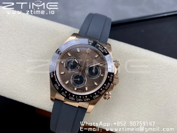 Rolex Daytona 116515 RG Clean Factory 1:1 Best Edition Black Ceramic Bezel Brown Stick Dial on Oysterflex Rubber Strap A4130 V2 - Super Clone Watch | 1:1 Best Version