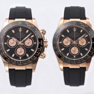 Rolex Daytona 116515 RG Clean Factory 1:1 Best Edition Lunetta in ceramica nera Quadrante nero a bastoni su cinturino in gomma Oysterflex A4130 v2 - Orologio Super Clone | 1:1 Best Version