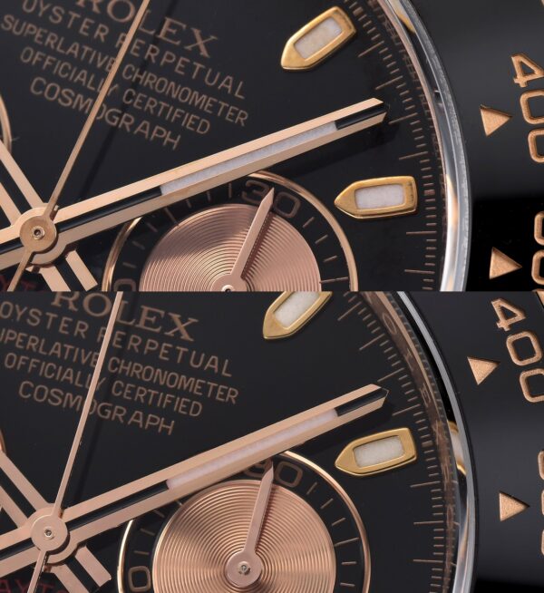 Rolex Daytona 116515 RG Clean Factory 1:1 Best Edition Lunetta in ceramica nera Quadrante nero a bastoni su cinturino in gomma Oysterflex A4130 v2 - Orologio Super Clone | 1:1 Best Version