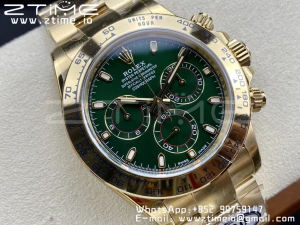 Rolex Daytona 116508 Clean Factory 1:1 Best Edition 904L Steel Green Dial on YG Bracelet SA4130 v2 - Super Clone Watch | 1:1 Best Version