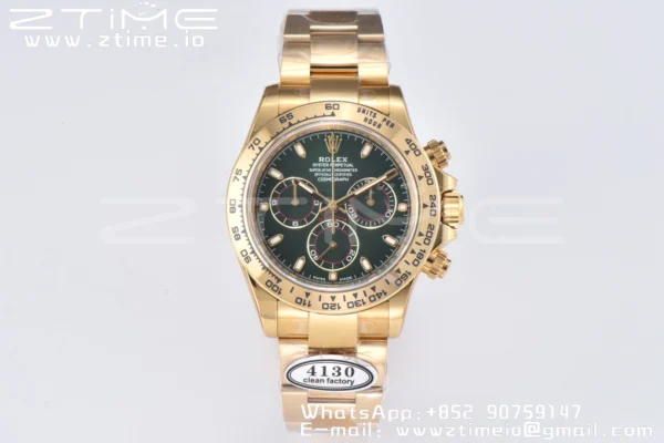 Rolex Daytona 116508 Clean Factory 1:1 Best Edition 904L Steel Green Dial on YG Bracelet SA4130 v2 - Super Clone Watch | 1:1 Best Version