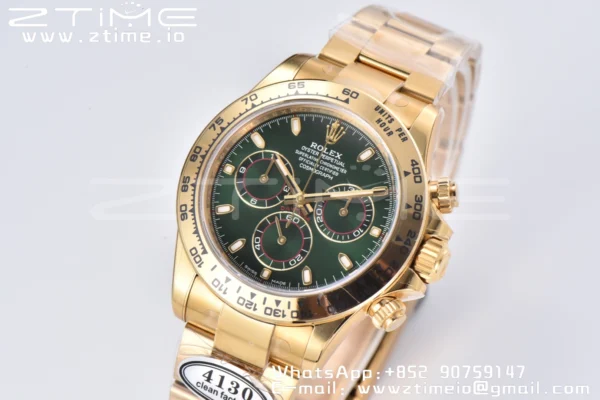 Rolex Daytona 116508 Clean Factory 1:1 Best Edition 904L Steel Green Dial on YG Bracelet SA4130 v2 - Super Clone Watch | 1:1 Best Version