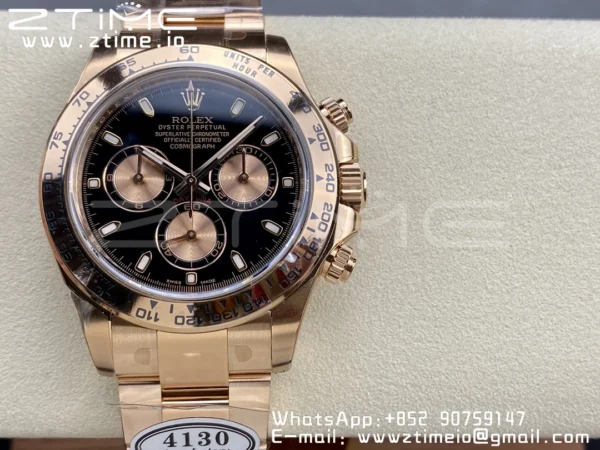 Rolex Daytona 116505 RG Clean Factory 1:1 Best Edition Black Stick Dial on RG Bracelet A4130 v2 - Super Clone Watch | 1:1 Best Version