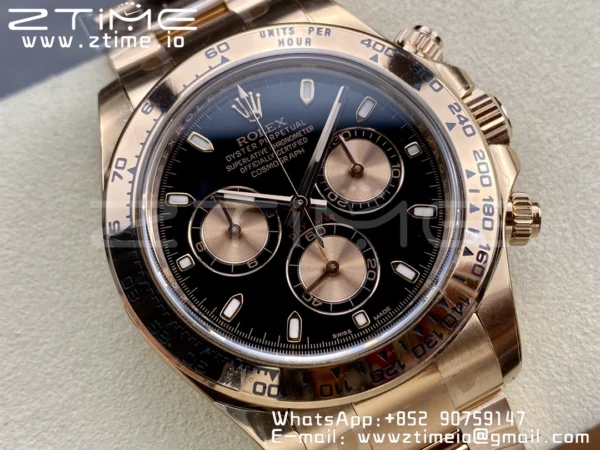 Rolex Daytona 116505 RG Clean Factory 1:1 Best Edition Black Stick Dial on RG Bracelet A4130 v2 - Super Clone Watch | 1:1 Best Version