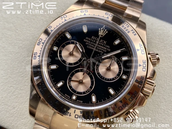 Rolex Daytona 116505 RG Clean Factory 1:1 Best Edition Black Stick Dial on RG Bracelet A4130 v2 - Super Clone Watch | 1:1 Best Version