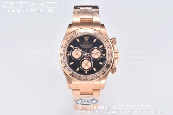 Rolex Daytona 116505 RG Clean Factory 1:1 Best Edition Black Stick Dial on RG Bracelet A4130 v2 - Super Clone Watch | 1:1 Best Version