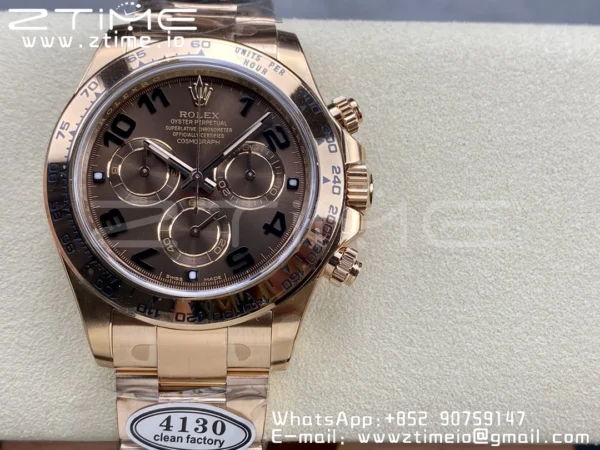 Rolex Daytona 116505 RG Clean Factory 1:1 Nejlepší vydání Brown Dial Numeral Marker on RG Oyster Bracelet A4130 v2 - Super Clone Watch | 1:1 Nejlepší verze