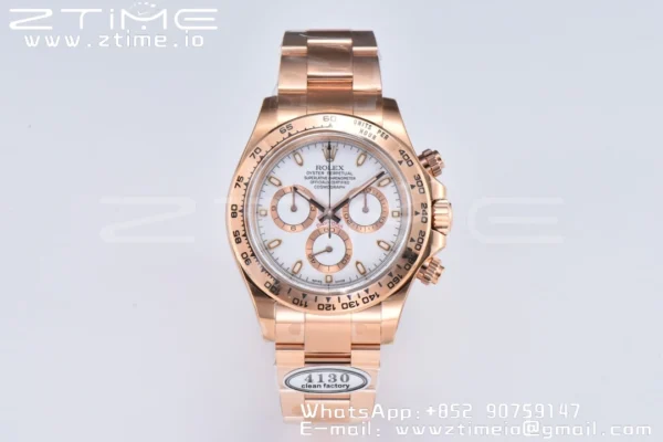 Rolex Daytona 116505 1:1 Nejlepší vydání Čistá továrna White Stick Dial na RG náramku A4130 v2 - Super klon hodinky | 1:1 Nejlepší verze