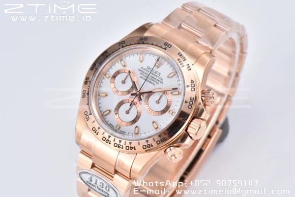 Rolex Daytona 116505 1:1 Nejlepší vydání Čistá továrna White Stick Dial na RG náramku A4130 v2 - Super klon hodinky | 1:1 Nejlepší verze