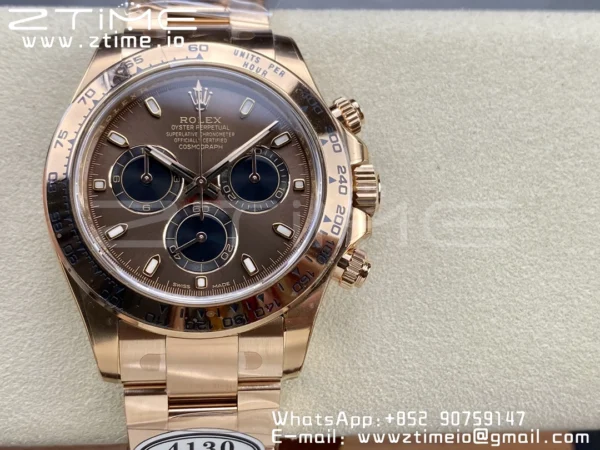 Rolex Daytona 116505 RG Clean Factory 1:1 Best Edition Brown Stick Dial on RG Bracelet A4130 v2 - Super Clone Watch | 1:1 Best Version