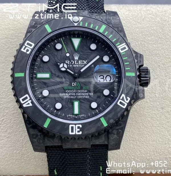 Rolex Submariner DIW Carbon VSF 1:1 Best Edition Quadrante nero/verde su cinturino in nylon nero VS3135 - Orologio Super Clone | 1:1 Best Version