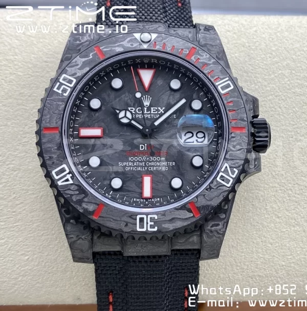Rolex Submariner DIW Carbon VSF 1:1 Nejlepší verze Black/Red Dial na černém nylonovém řemínku VS3135 - Super Clone Watch | 1:1 Nejlepší verze