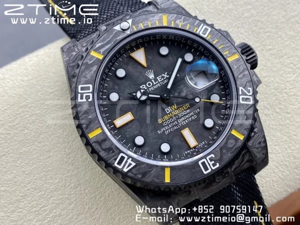 Rolex Submariner DIW Carbon VSF 1:1 Best Edition Black/Yellow Dial on Black Nylon Strap VS3135 - Super Clone Watch | 1:1 Best Version
