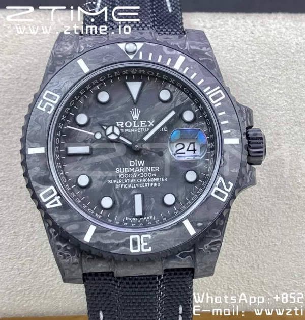 Rolex Submariner DIW Carbon VSF 1:1 Best Edition Black/White Dial on Black Nylon Strap VS3135 - Super Clone Watch | 1:1 Best Version