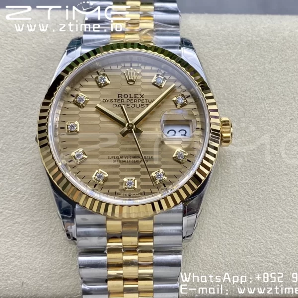 Rolex DateJust 36mm 126233 SS/YG VSF 1:1 Best Edition 904L Steel YG Textured Diamonds Dial on Jubilee Bracelet VS3235 - Super Clone Watch | 1:1 Best Version