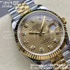 Rolex DateJust 36mm 126233 SS/YG VSF 1:1 Best Edition 904L Steel YG Textured Diamonds Dial on Jubilee Bracelet VS3235 - Super Clone Watch | 1:1 Best Version
