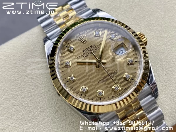 Rolex DateJust 36mm 126233 SS/YG VSF 1:1 Best Edition 904L Steel YG Textured Diamonds Dial on Jubilee Bracelet VS3235 - Super Clone Watch | 1:1 Best Version