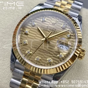 Rolex DateJust 36mm 126233 SS/YG VSF 1:1 Best Edition 904L Steel YG Textured Diamonds Dial on Jubilee Bracelet VS3235 - Super Clone Watch | 1:1 Best Version
