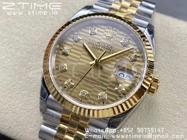 Rolex DateJust 36mm 126233 SS/YG VSF 1:1 Best Edition 904L Steel YG Textured Diamonds Dial on Jubilee Bracelet VS3235 - Super Clone Watch | 1:1 Best Version
