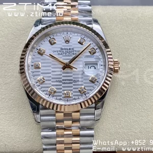 Rolex DateJust 36 126231 SS/RG VSF 1:1 Best Edition 904L Steel Silver Textured Diamonds Dial on Jubilee Bracelet VS3235 - Super Clone Watch | 1:1 Best Version