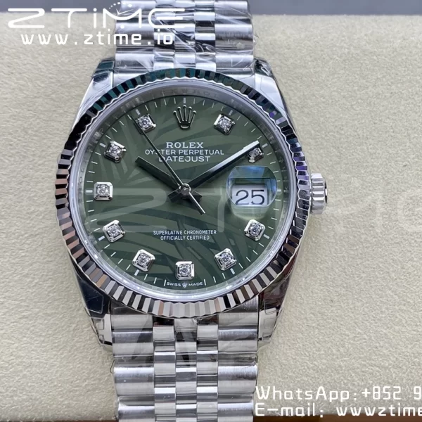 Rolex DateJust 36 SS 126234 VSF 1:1 Best Edition 904L Steel Green Leaf Diamonds Dial on Jubilee Bracelet VS3235 - Super Clone Watch | 1:1 Best Version