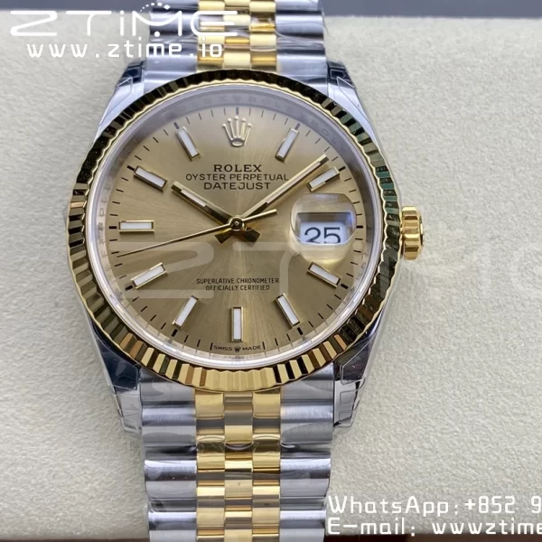 Rolex DateJust 36 SS 126233 VSF 1:1 Mejor Edición 904L Steel YG Stick Dial on Jubilee Bracelet VS3235 - Super Clone Watch | 1:1 Mejor Versión