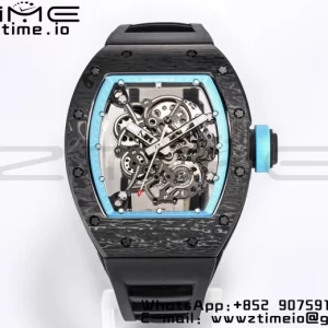 RICHARD MILLE RM055 NTPT BBR Factory Best Edition Skeleton Black Dial Blue Inside Frame on Black Rubber Strap Clone RMUL2 V3 - Super Clone Watch | 1:1 Best Version