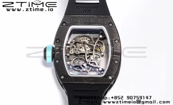 RICHARD MILLE RM055 NTPT BBR Factory Best Edition Skeleton Black Dial Blue Inside Frame on Black Rubber Strap Clone RMUL2 V3 - Super Clone Watch | 1:1 Best Version