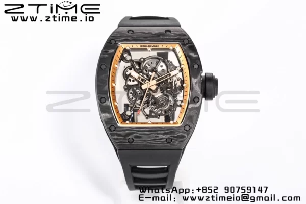 RICHARD MILLE RM055 NTPT BBR Factory Best Edition Scheletro Quadrante Nero Telaio Interno Oro su Cinturino in Gomma Nera Clone RMUL2 V3 - Orologio Super Clone | 1:1 Migliore Versione