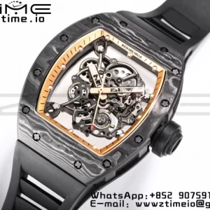 RICHARD MILLE RM055 NTPT BBR Factory Best Edition Scheletro Quadrante Nero Telaio Interno Oro su Cinturino in Gomma Nera Clone RMUL2 V3 - Orologio Super Clone | 1:1 Migliore Versione