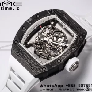 RICHARD MILLE RM055 NTPT BBR Factory Best Edition Skeleton Black Dial White Inside Frame on White Rubber Strap Clone RMUL2 V3 - Super Clone Watch | 1:1 Best Version