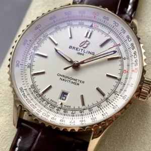 Breitling Navitimer Automatic 41mm RG BLSF White Dial on Brown Leather Strap A2824 V2 - Super Clone Watch | 1:1 Best Version
