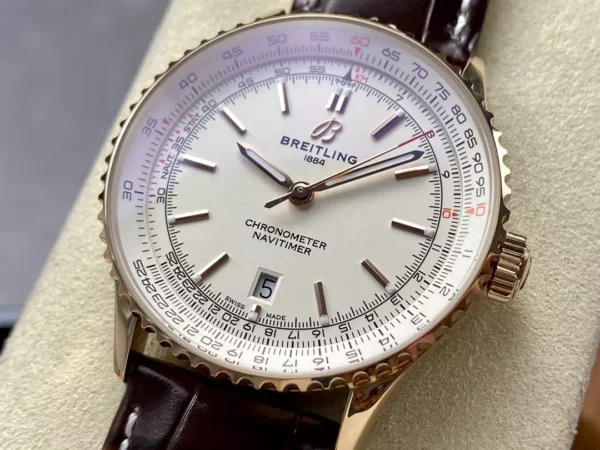 Breitling Navitimer Automatic 41mm RG BLSF White Dial on Brown Leather Strap A2824 V2 - Super Clone Watch | 1:1 Best Version