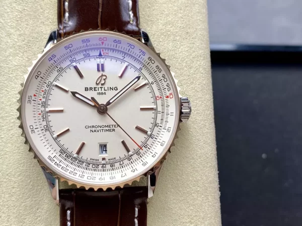 Breitling Navitimer Automatic 41mm SS BLSF Ice White Dial on Brown Leather Strap A2824 V2 - Super Clone Watch | 1:1 Best Version