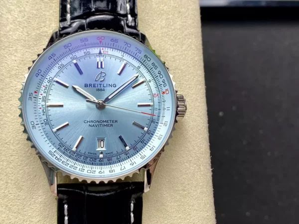 Breitling Navitimer Automatic 41mm SS BLSF Ice Blue Dial on Black Leather Strap A2824 V2 - Super Clone Watch | 1:1 Best Version