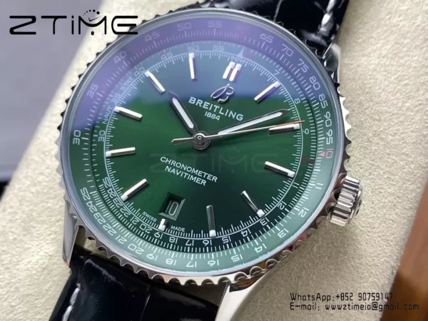 Breitling Navitimer Automatic 41mm SS BLSF Green Dial on Black Leather Strap A2824 V2 - Super Clone Watch | 1:1 Best Version