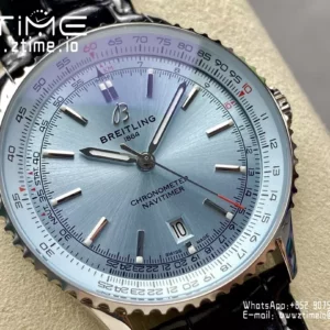 Breitling Navitimer Automatic 41mm SS BLSF Ice Blue Dial on Black Leather Strap A2824 V2 - Super Clone Watch | 1:1 Best Version