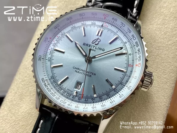 Breitling Navitimer Automatic 41mm SS BLSF Ice Blue Dial on Black Leather Strap A2824 V2 - Super Clone Watch | 1:1 Best Version