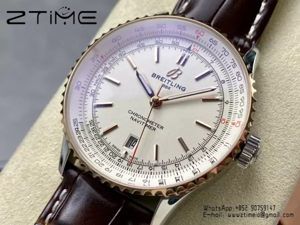 Breitling Navitimer Automatic 41mm SS BLSF Ice White Dial on Brown Leather Strap A2824 V2 - Super Clone Watch | 1:1 Best Version